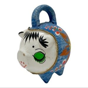 Vintage Mexican Pottery Pig Coin Piggy Bank Folk Art Hand Painted Mini Small